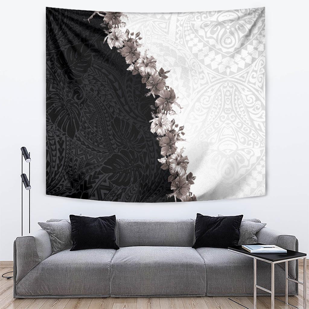 Hawaii Grayscale Hibiscus Flowers Tapestry Polynesian Pattern With Half Black White Version