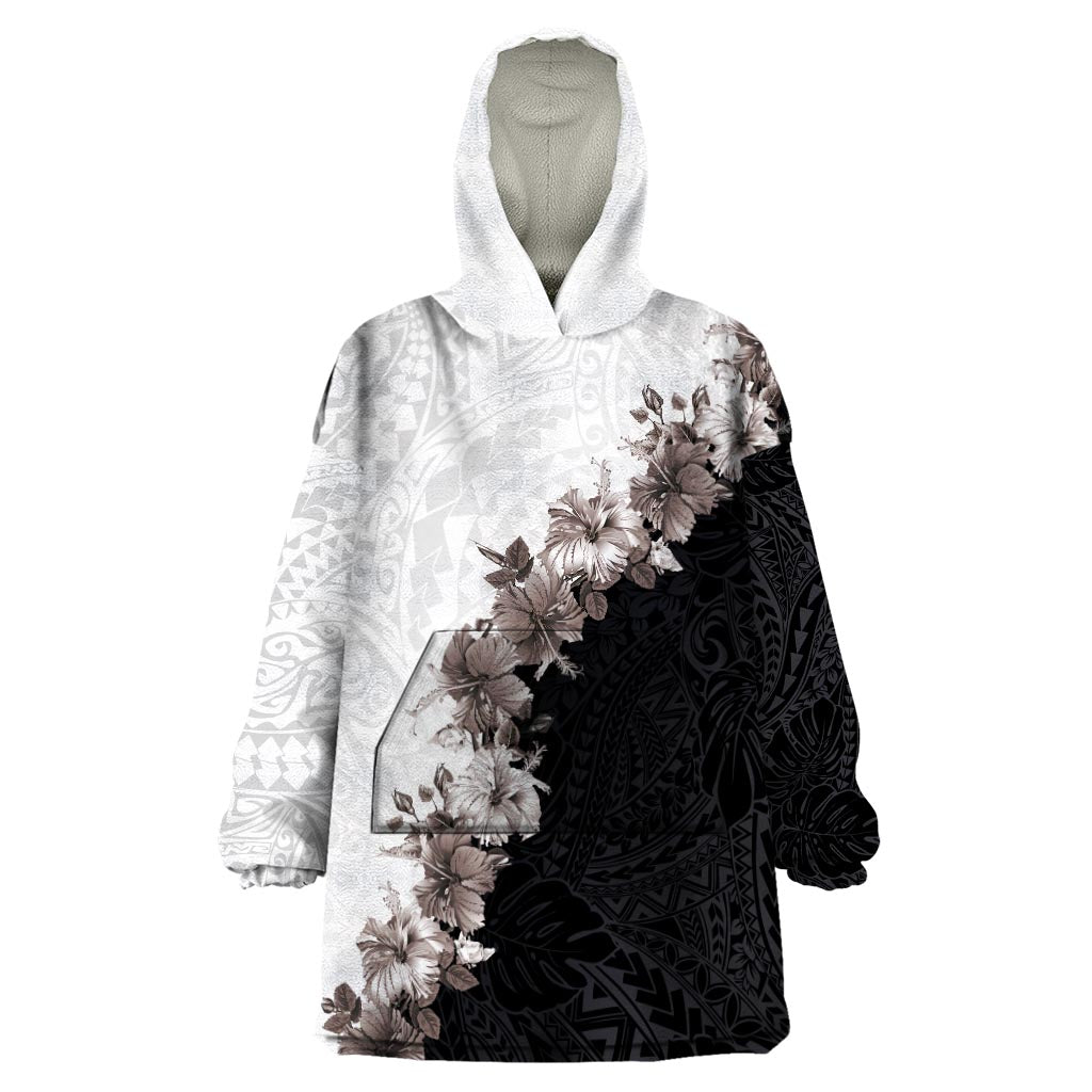 Hawaii Grayscale Hibiscus Flowers Wearable Blanket Hoodie Polynesian Pattern With Half Black White Version