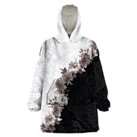 Hawaii Grayscale Hibiscus Flowers Wearable Blanket Hoodie Polynesian Pattern With Half Black White Version LT03 One Size Black - Polynesian Pride