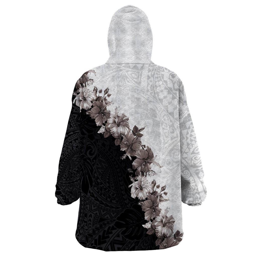Hawaii Grayscale Hibiscus Flowers Wearable Blanket Hoodie Polynesian Pattern With Half Black White Version LT03 - Polynesian Pride