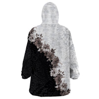 Hawaii Grayscale Hibiscus Flowers Wearable Blanket Hoodie Polynesian Pattern With Half Black White Version LT03 - Polynesian Pride