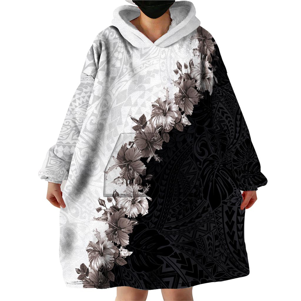Hawaii Grayscale Hibiscus Flowers Wearable Blanket Hoodie Polynesian Pattern With Half Black White Version LT03 - Polynesian Pride