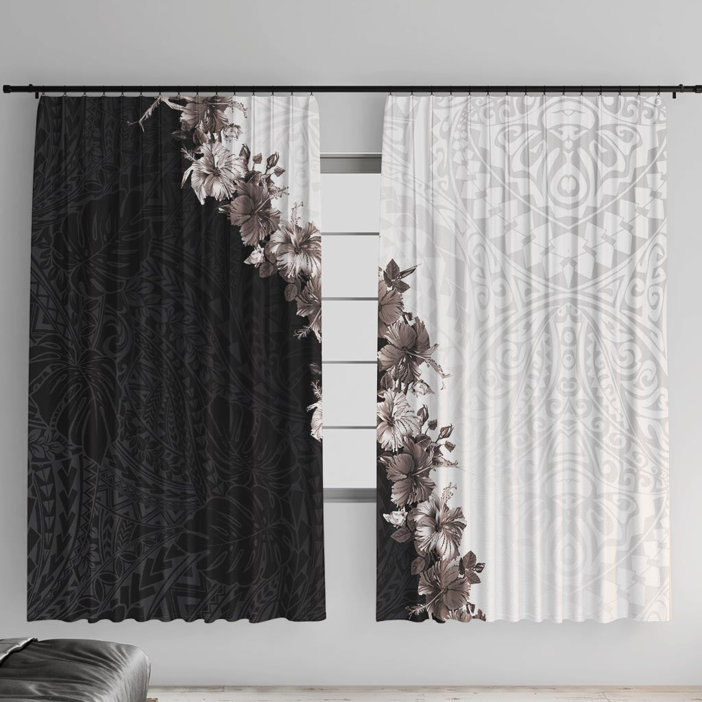 Hawaii Grayscale Hibiscus Flowers Window Curtain Polynesian Pattern With Half Black White Version