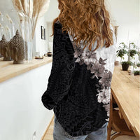 Hawaii Grayscale Hibiscus Flowers Women Casual Shirt Polynesian Pattern With Half Black White Version