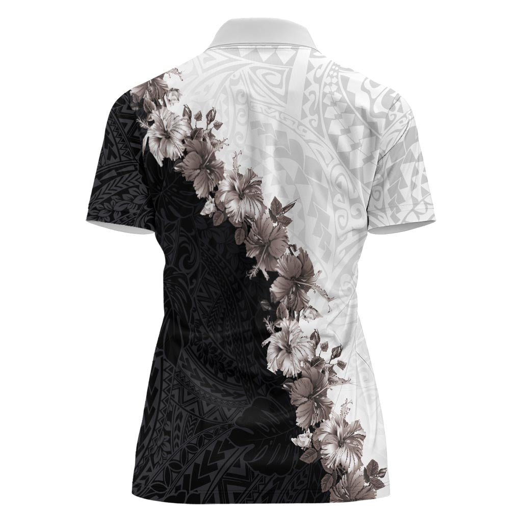 Hawaii Grayscale Hibiscus Flowers Women Polo Shirt Polynesian Pattern With Half Black White Version