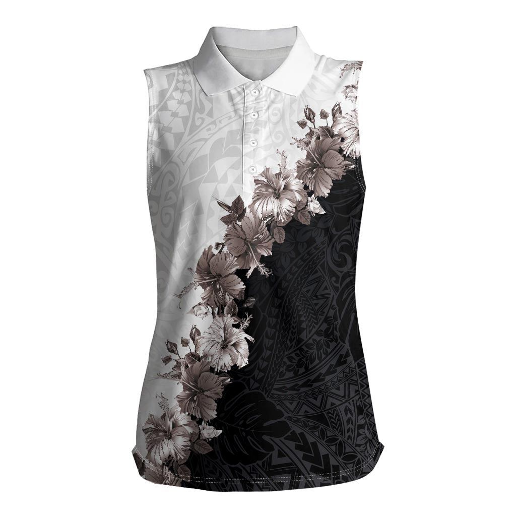 Hawaii Grayscale Hibiscus Flowers Women Sleeveless Polo Shirt Polynesian Pattern With Half Black White Version