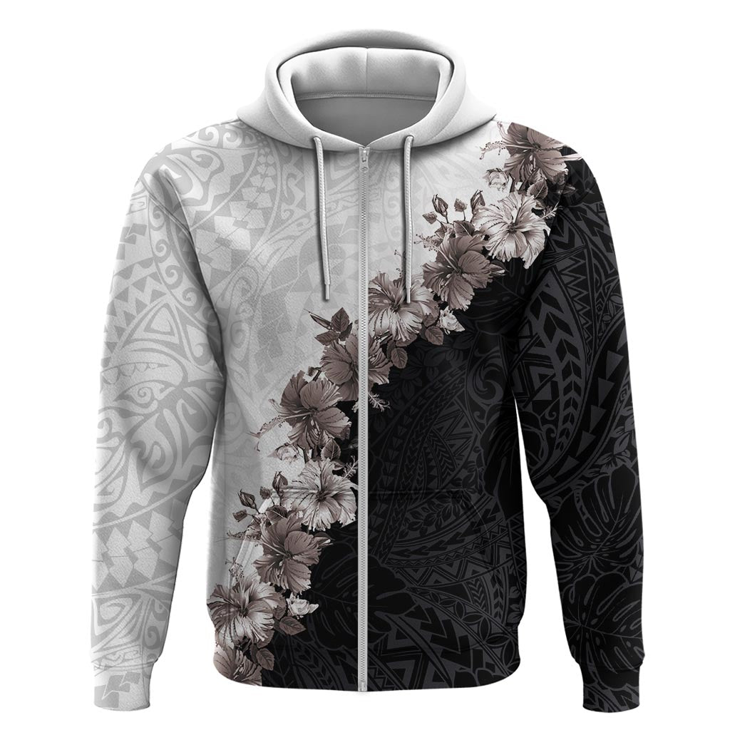 Hawaii Grayscale Hibiscus Flowers Zip Hoodie Polynesian Pattern With Half Black White Version