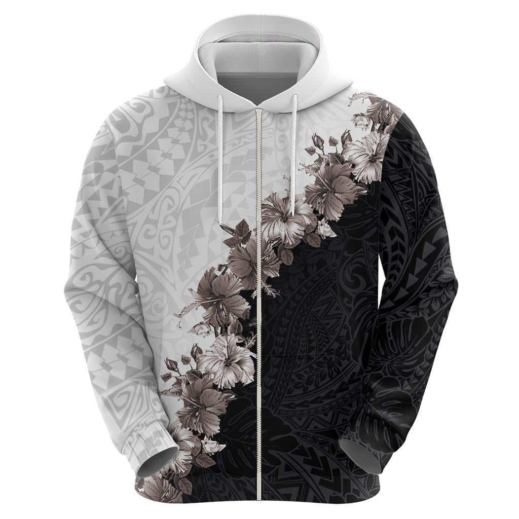 Hawaii Grayscale Hibiscus Flowers Zip Hoodie Polynesian Pattern With Half Black White Version