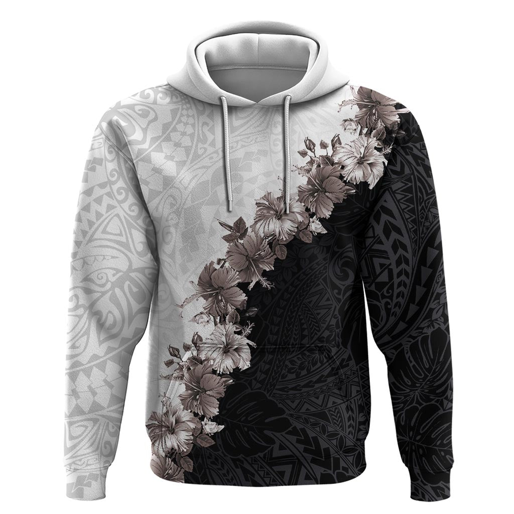 Hawaii Grayscale Hibiscus Flowers Zip Hoodie Polynesian Pattern With Half Black White Version