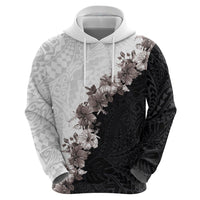 Hawaii Grayscale Hibiscus Flowers Zip Hoodie Polynesian Pattern With Half Black White Version