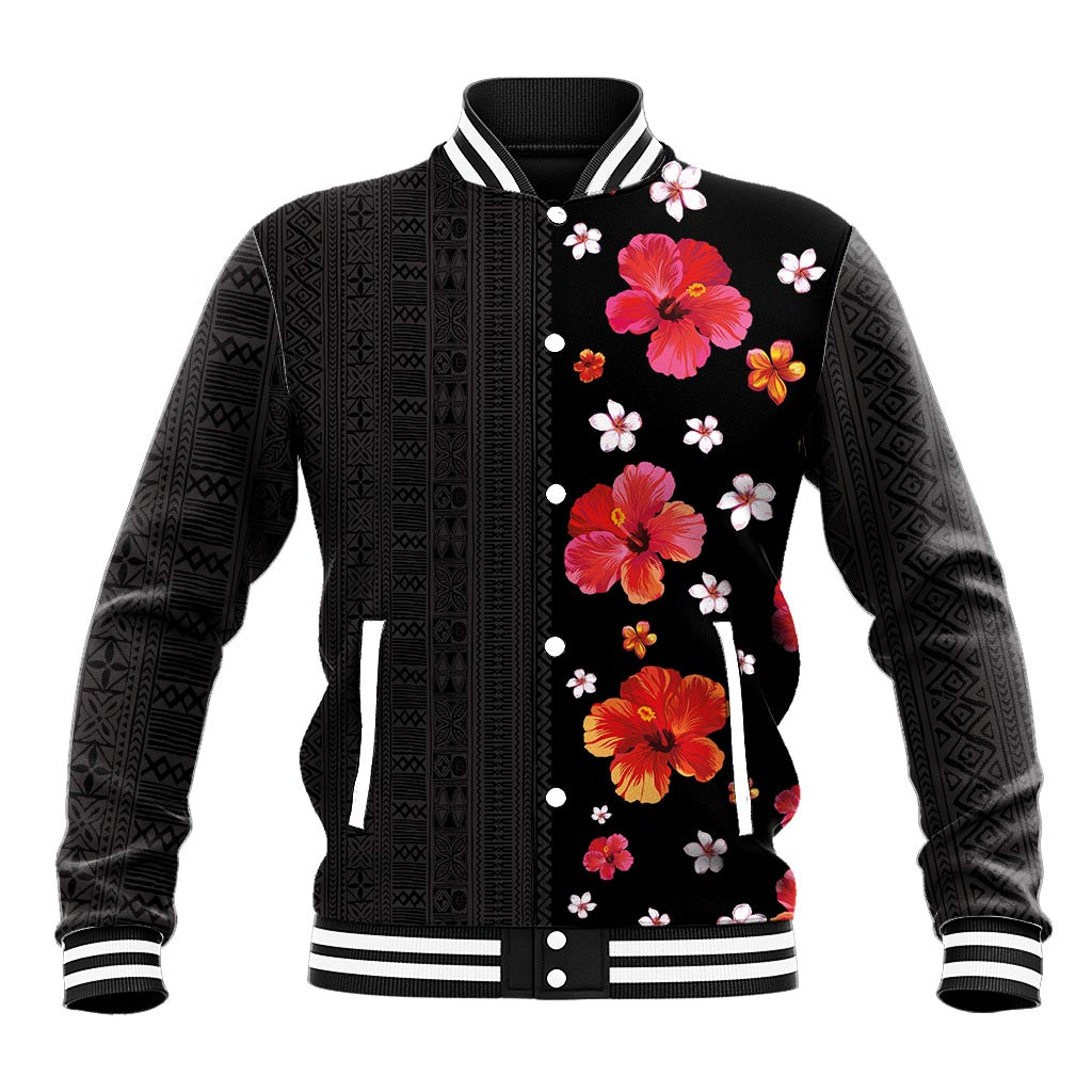 Hawaii Hibiscus and Plumeria Flowers Baseball Jacket Tapa Tribal Pattern Half Style Colorful Mode LT03 Unisex Black - Polynesian Pride