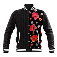 Hawaii Hibiscus and Plumeria Flowers Baseball Jacket Tapa Tribal Pattern Half Style Colorful Mode LT03 Unisex Black - Polynesian Pride