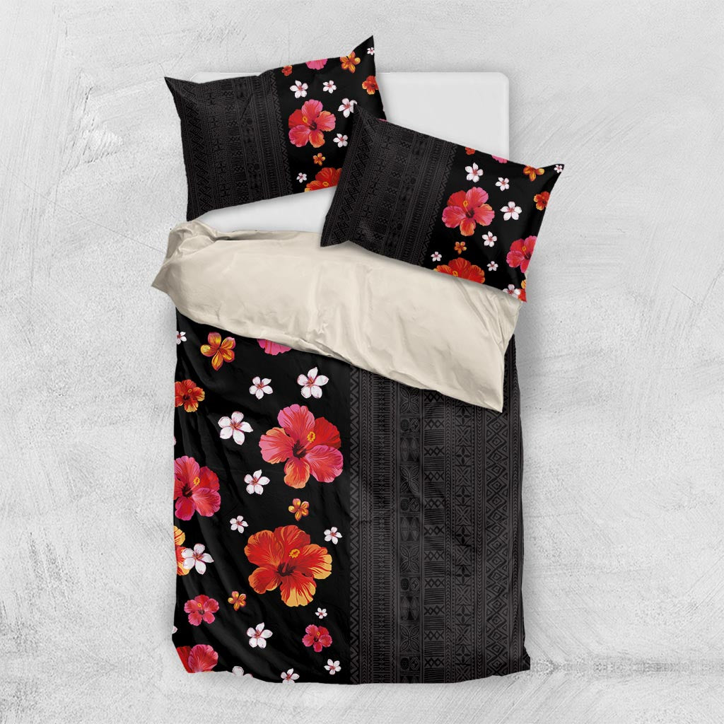 Hawaii Hibiscus and Plumeria Flowers Bedding Set Tapa Tribal Pattern Half Style Colorful Mode LT03 US Twin 172cm x 218cm Black - Polynesian Pride