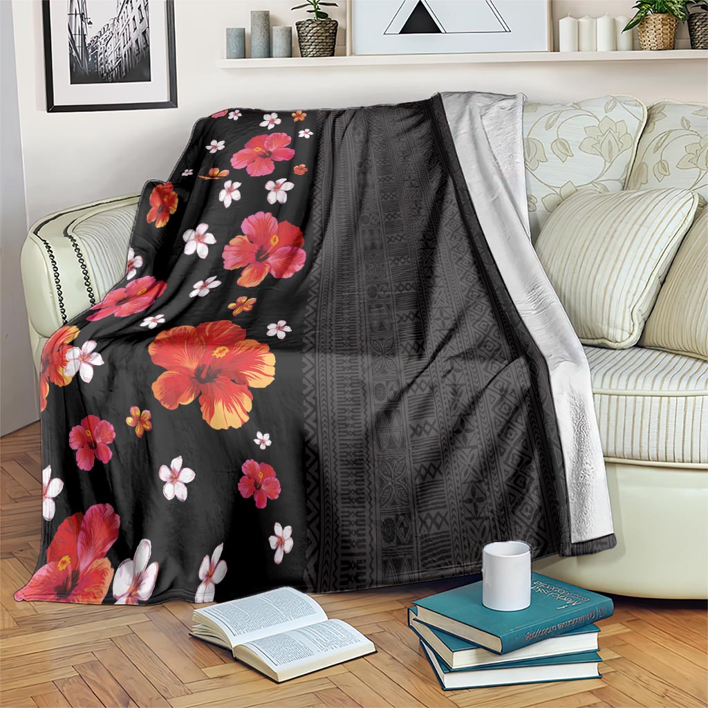 Hawaii Hibiscus and Plumeria Flowers Blanket Tapa Tribal Pattern Half Style Colorful Mode LT03 Black - Polynesian Pride