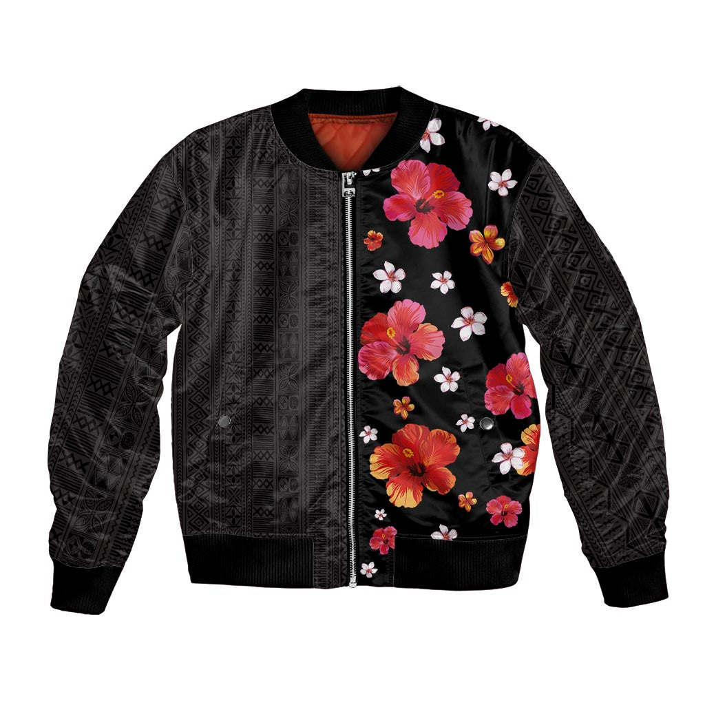 Hawaii Hibiscus and Plumeria Flowers Bomber Jacket Tapa Tribal Pattern Half Style Colorful Mode LT03 Unisex Black - Polynesian Pride