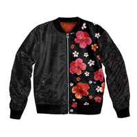 Hawaii Hibiscus and Plumeria Flowers Bomber Jacket Tapa Tribal Pattern Half Style Colorful Mode LT03 Unisex Black - Polynesian Pride