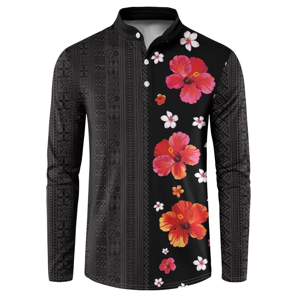 Hawaii Hibiscus and Plumeria Flowers Button Sweatshirt Tapa Tribal Pattern Half Style Colorful Mode LT03 Black - Polynesian Pride