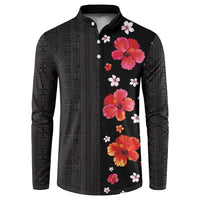 Hawaii Hibiscus and Plumeria Flowers Button Sweatshirt Tapa Tribal Pattern Half Style Colorful Mode LT03 Black - Polynesian Pride
