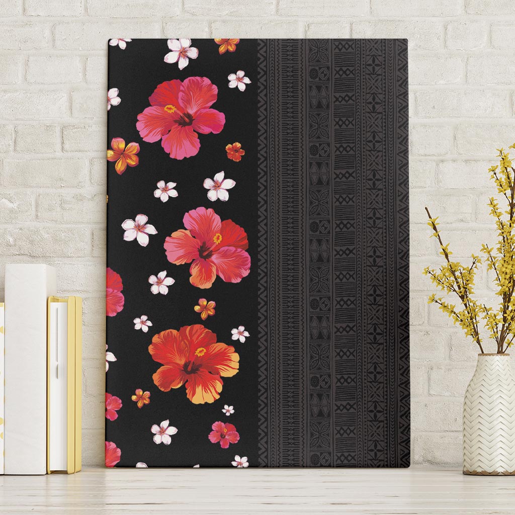 Hawaii Hibiscus and Plumeria Flowers Canvas Wall Art Tapa Tribal Pattern Half Style Colorful Mode LT03 Without Frame Black - Polynesian Pride