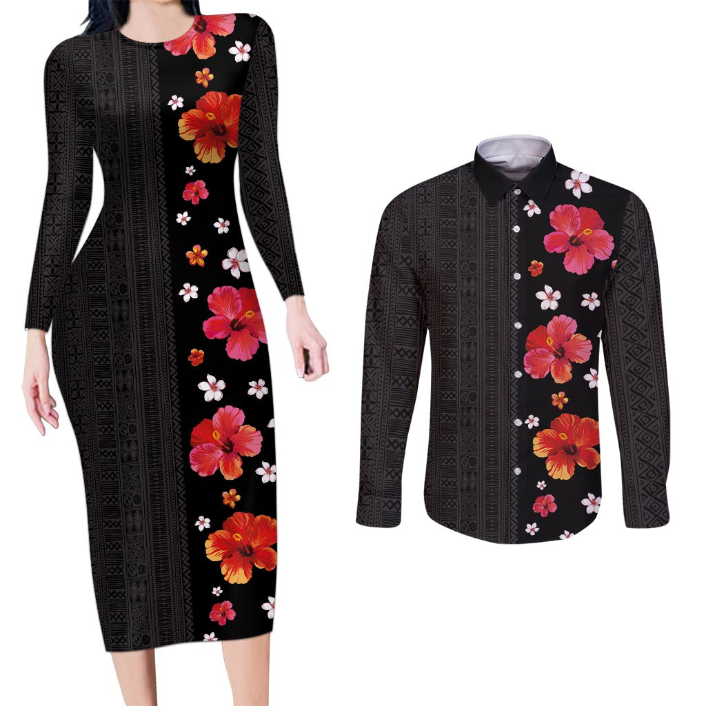 Hawaii Hibiscus and Plumeria Flowers Couples Matching Long Sleeve Bodycon Dress and Long Sleeve Button Shirt Tapa Tribal Pattern Half Style Colorful Mode