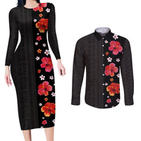 Hawaii Hibiscus and Plumeria Flowers Couples Matching Long Sleeve Bodycon Dress and Long Sleeve Button Shirt Tapa Tribal Pattern Half Style Colorful Mode