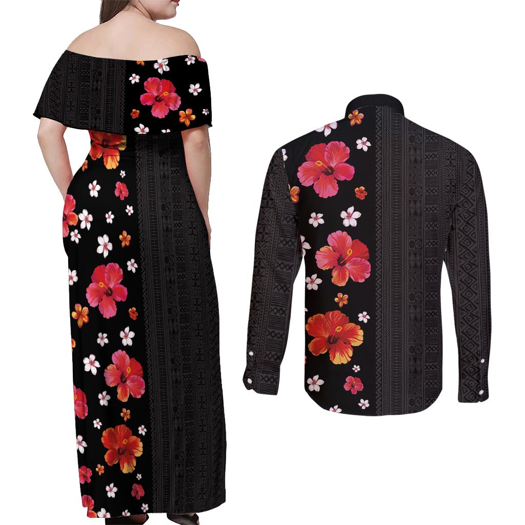 Hawaii Hibiscus and Plumeria Flowers Couples Matching Off Shoulder Maxi Dress and Long Sleeve Button Shirt Tapa Tribal Pattern Half Style Colorful Mode