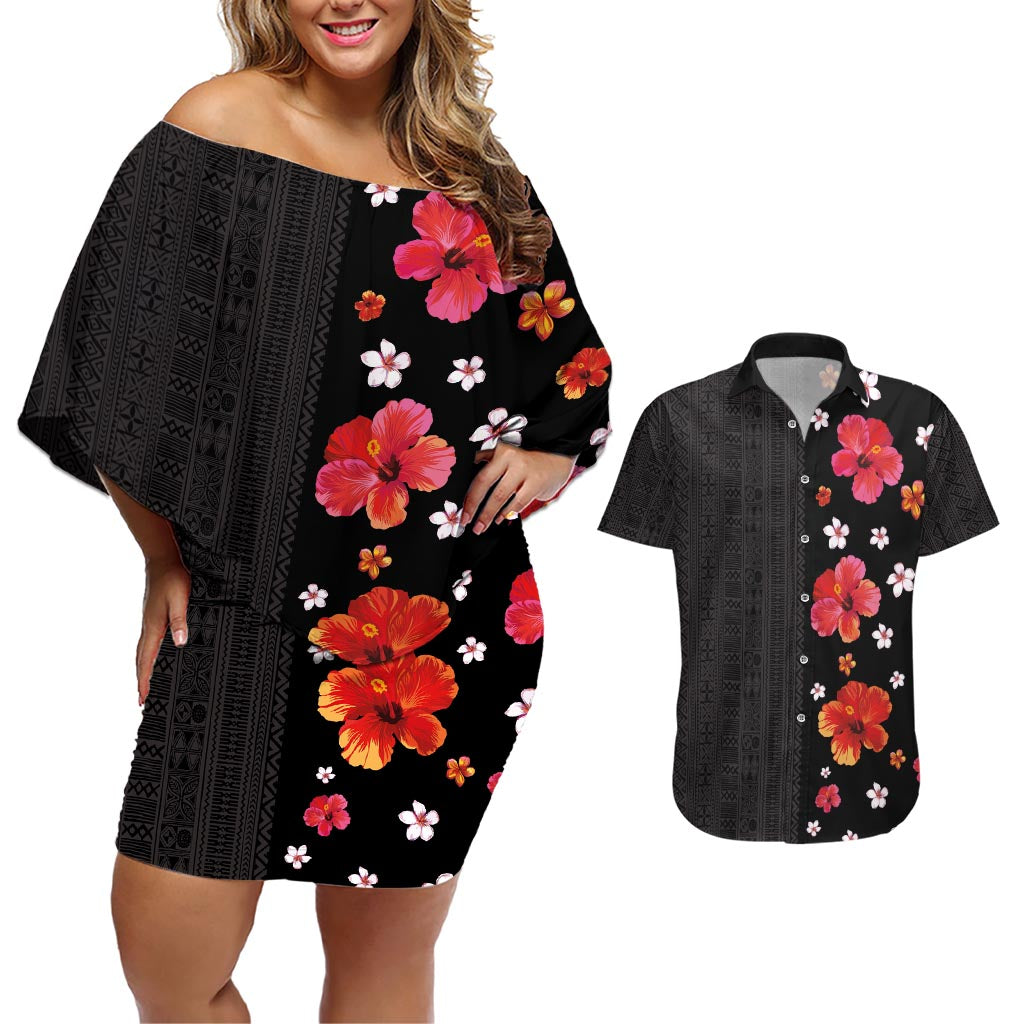 Hawaii Hibiscus and Plumeria Flowers Couples Matching Off Shoulder Short Dress and Hawaiian Shirt Tapa Tribal Pattern Half Style Colorful Mode