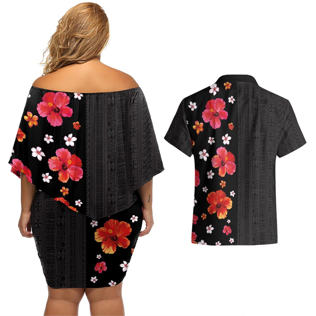 Hawaii Hibiscus and Plumeria Flowers Couples Matching Off Shoulder Short Dress and Hawaiian Shirt Tapa Tribal Pattern Half Style Colorful Mode