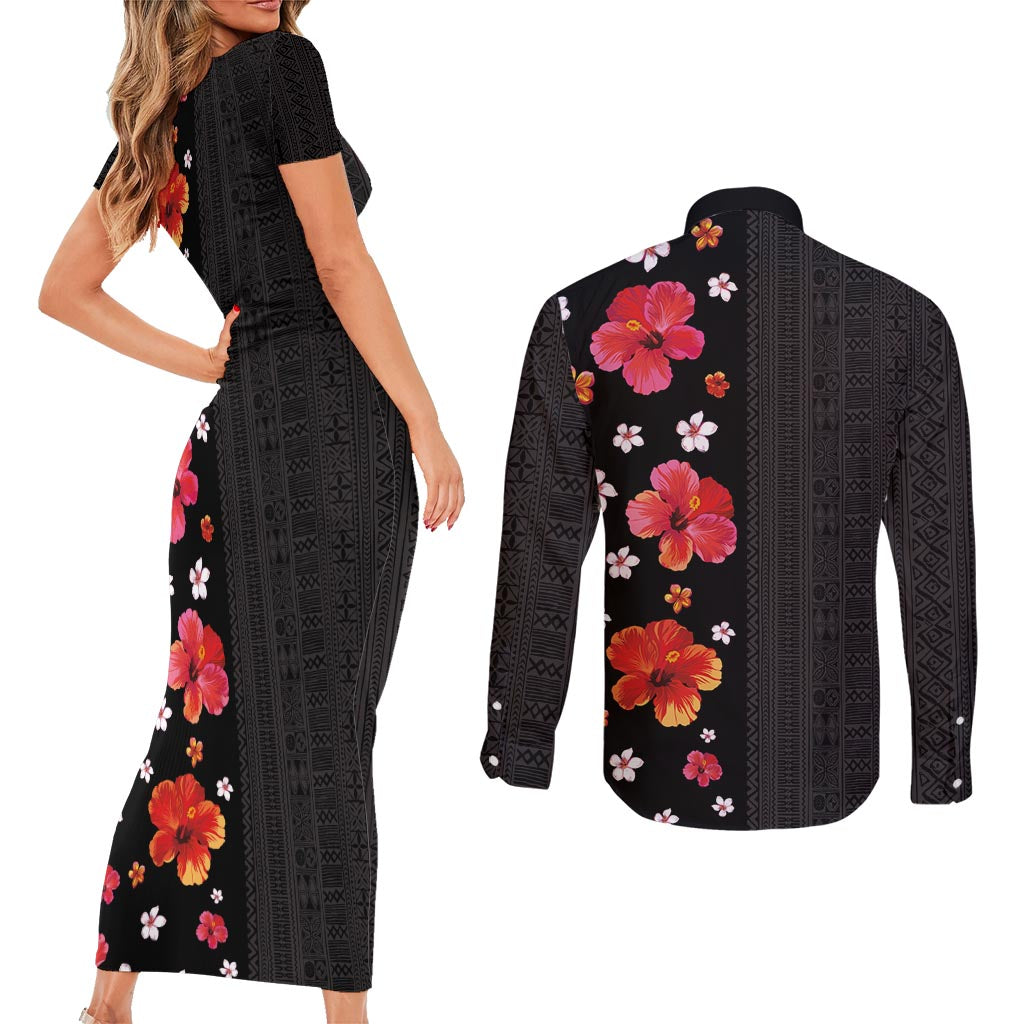 Hawaii Hibiscus and Plumeria Flowers Couples Matching Short Sleeve Bodycon Dress and Long Sleeve Button Shirt Tapa Tribal Pattern Half Style Colorful Mode