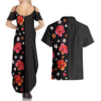 Hawaii Hibiscus and Plumeria Flowers Couples Matching Summer Maxi Dress and Hawaiian Shirt Tapa Tribal Pattern Half Style Colorful Mode