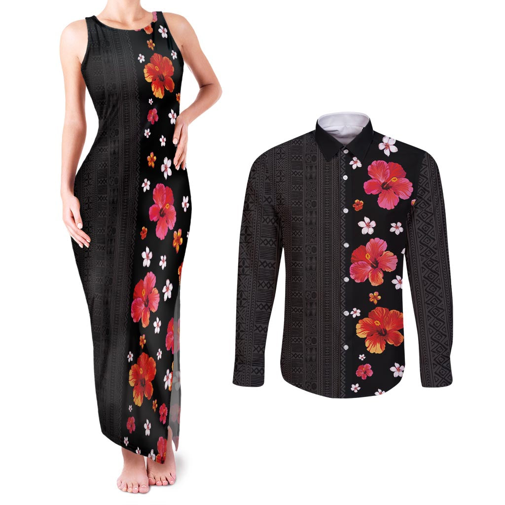 Hawaii Hibiscus and Plumeria Flowers Couples Matching Tank Maxi Dress and Long Sleeve Button Shirt Tapa Tribal Pattern Half Style Colorful Mode