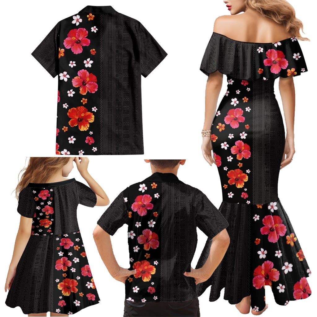 Hawaii Hibiscus and Plumeria Flowers Family Matching Mermaid Dress and Hawaiian Shirt Tapa Tribal Pattern Half Style Colorful Mode