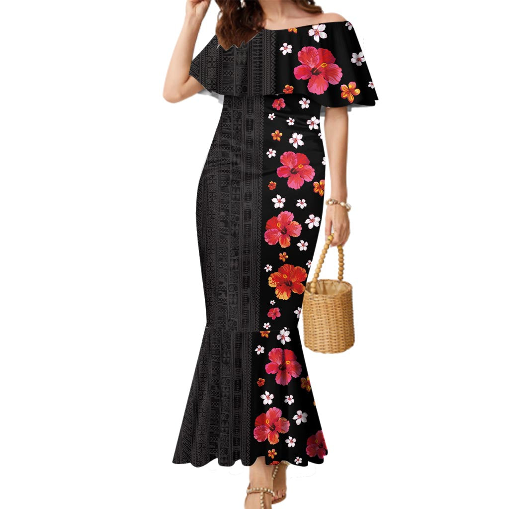 Hawaii Hibiscus and Plumeria Flowers Family Matching Mermaid Dress and Hawaiian Shirt Tapa Tribal Pattern Half Style Colorful Mode