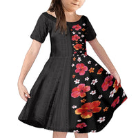 Hawaii Hibiscus and Plumeria Flowers Family Matching Off Shoulder Maxi Dress and Hawaiian Shirt Tapa Tribal Pattern Half Style Colorful Mode LT03 Daughter's Dress Black - Polynesian Pride
