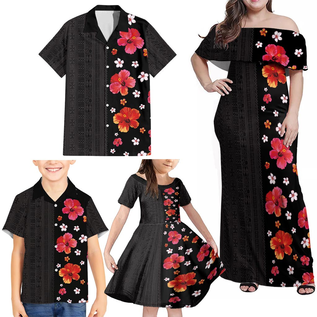 Hawaii Hibiscus and Plumeria Flowers Family Matching Off Shoulder Maxi Dress and Hawaiian Shirt Tapa Tribal Pattern Half Style Colorful Mode