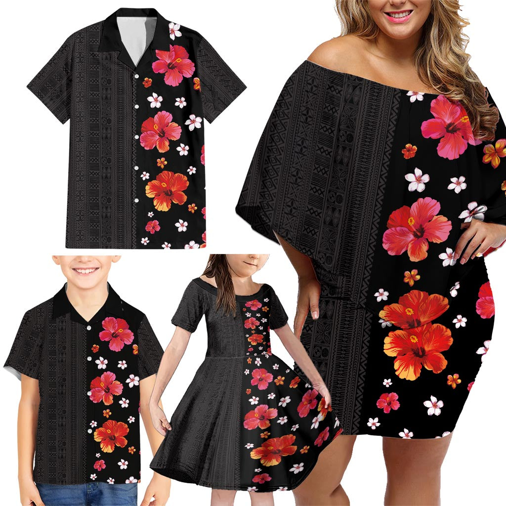 Hawaii Hibiscus and Plumeria Flowers Family Matching Off Shoulder Short Dress and Hawaiian Shirt Tapa Tribal Pattern Half Style Colorful Mode LT03 - Polynesian Pride