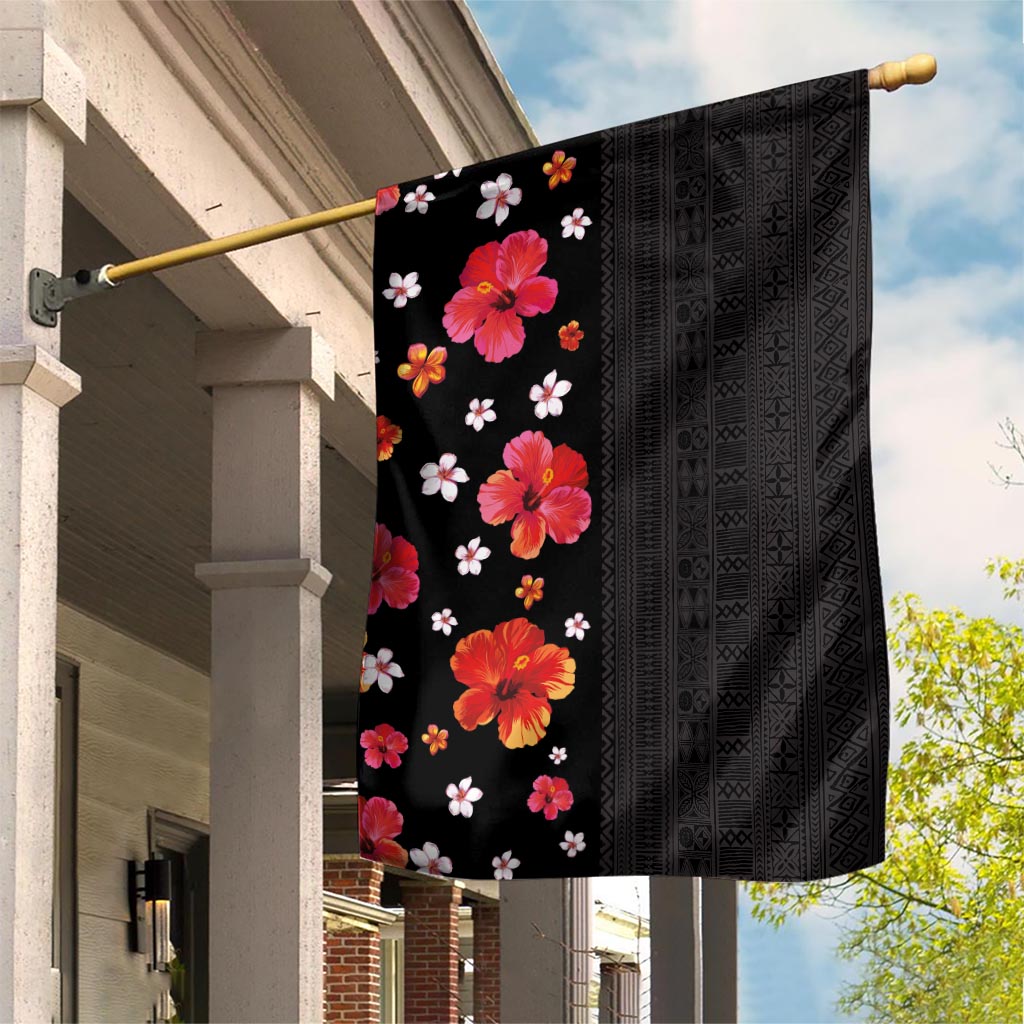 Hawaii Hibiscus and Plumeria Flowers Garden Flag Tapa Tribal Pattern Half Style Colorful Mode LT03 House Flag Black - Polynesian Pride