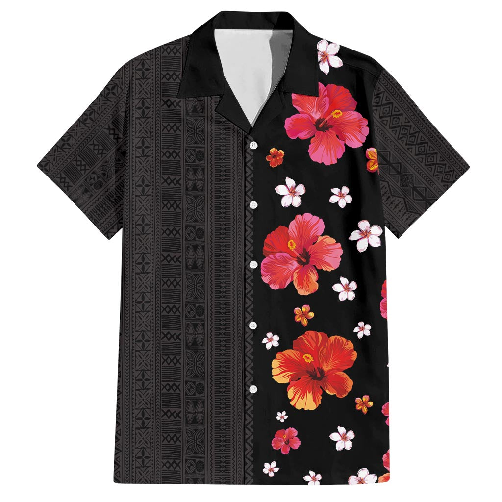 Hawaii Hibiscus and Plumeria Flowers Hawaiian Shirt Tapa Tribal Pattern Half Style Colorful Mode LT03 Black - Polynesian Pride