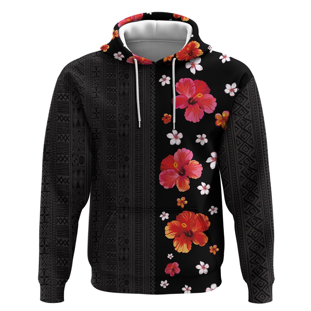 Hawaii Hibiscus and Plumeria Flowers Hoodie Tapa Tribal Pattern Half Style Colorful Mode