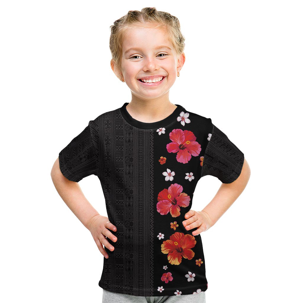 Hawaii Hibiscus and Plumeria Flowers Kid T Shirt Tapa Tribal Pattern Half Style Colorful Mode