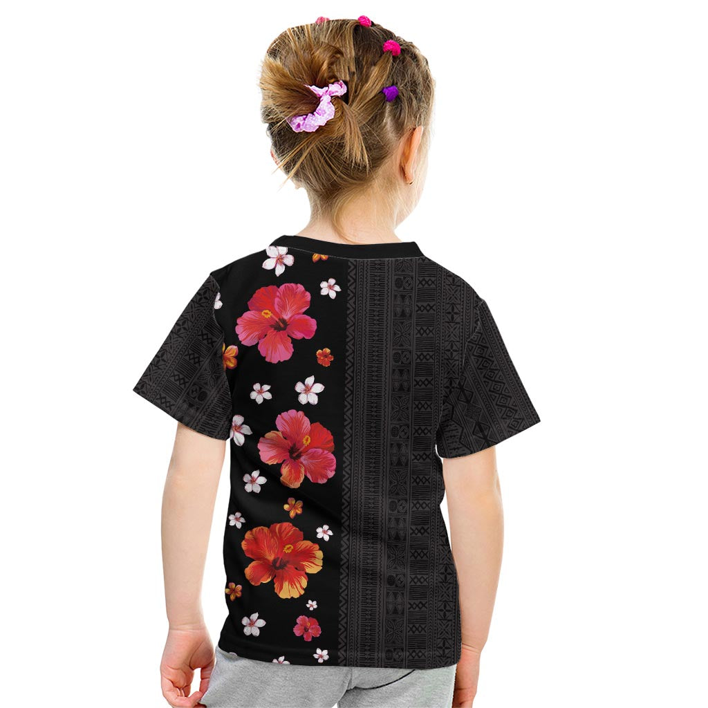 Hawaii Hibiscus and Plumeria Flowers Kid T Shirt Tapa Tribal Pattern Half Style Colorful Mode