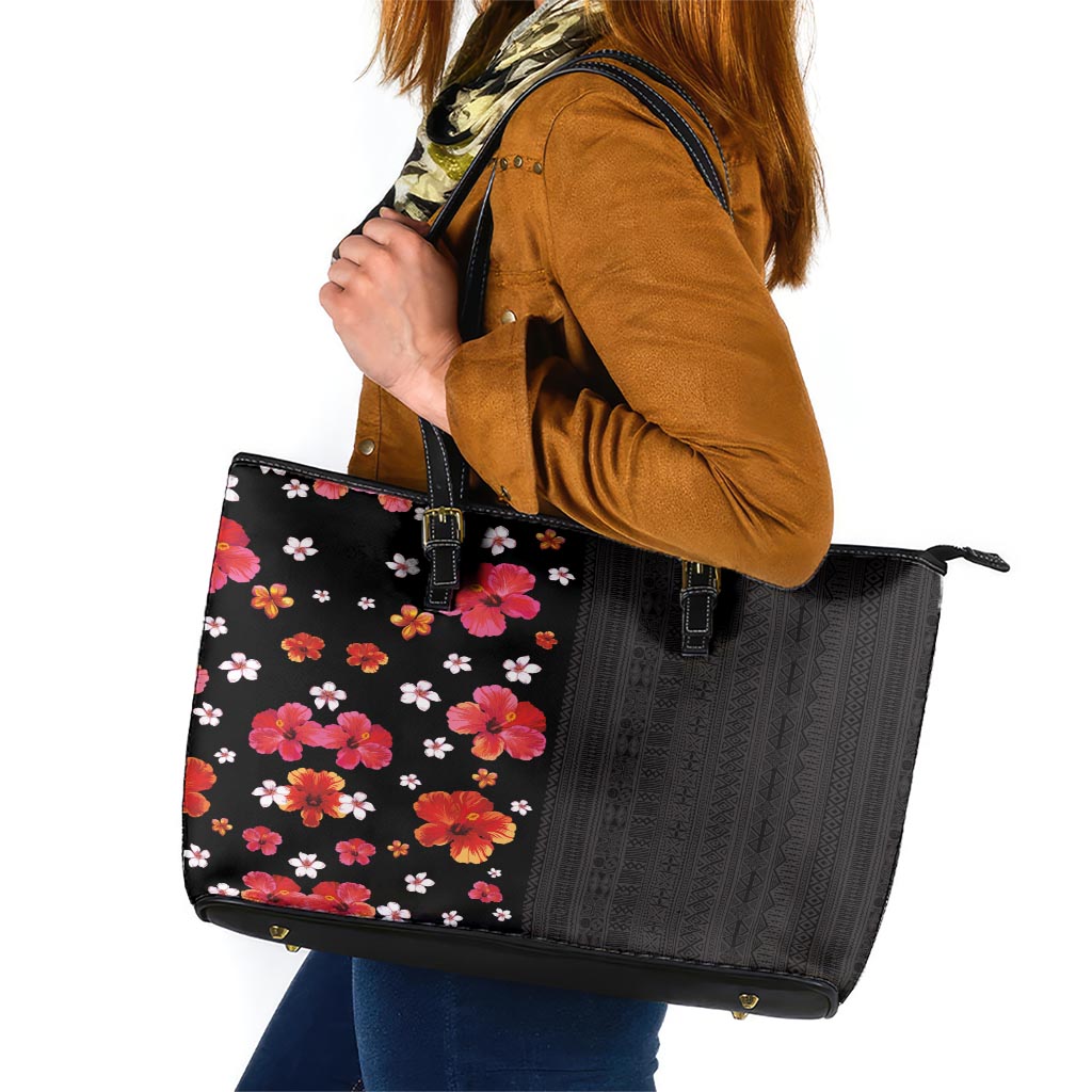 Hawaii Hibiscus and Plumeria Flowers Leather Tote Bag Tapa Tribal Pattern Half Style Colorful Mode LT03 Black - Polynesian Pride