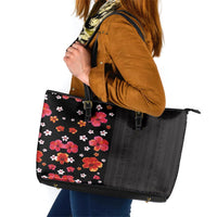 Hawaii Hibiscus and Plumeria Flowers Leather Tote Bag Tapa Tribal Pattern Half Style Colorful Mode LT03 Black - Polynesian Pride