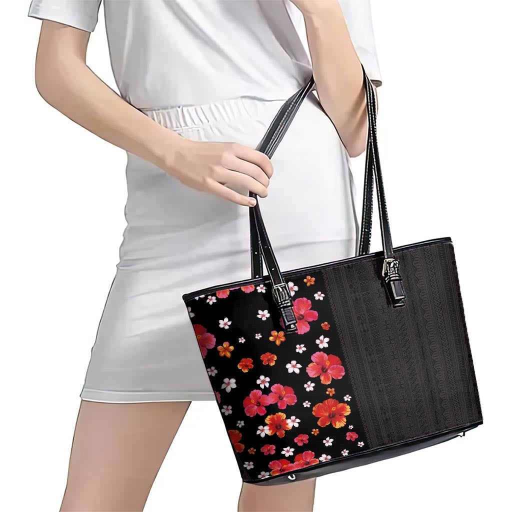 Hawaii Hibiscus and Plumeria Flowers Leather Tote Bag Tapa Tribal Pattern Half Style Colorful Mode LT03 - Polynesian Pride