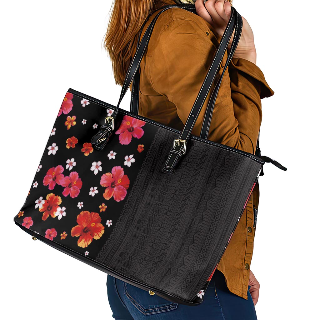 Hawaii Hibiscus and Plumeria Flowers Leather Tote Bag Tapa Tribal Pattern Half Style Colorful Mode LT03 - Polynesian Pride