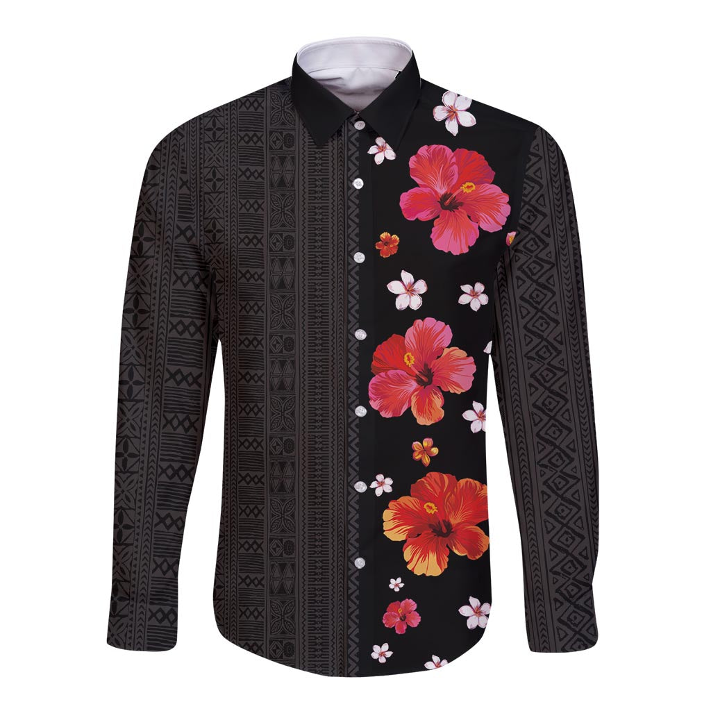 Hawaii Hibiscus and Plumeria Flowers Long Sleeve Button Shirt Tapa Tribal Pattern Half Style Colorful Mode