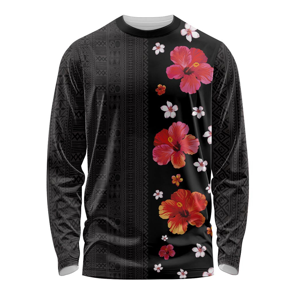 Hawaii Hibiscus and Plumeria Flowers Long Sleeve Shirt Tapa Tribal Pattern Half Style Colorful Mode