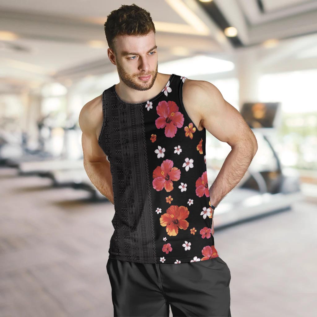 Hawaii Hibiscus and Plumeria Flowers Men Tank Top Tapa Tribal Pattern Half Style Colorful Mode LT03 Black - Polynesian Pride