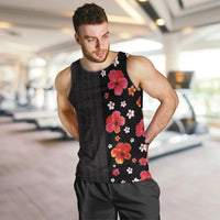 Hawaii Hibiscus and Plumeria Flowers Men Tank Top Tapa Tribal Pattern Half Style Colorful Mode LT03 Black - Polynesian Pride