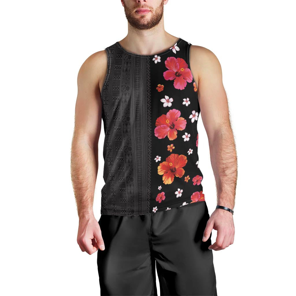Hawaii Hibiscus and Plumeria Flowers Men Tank Top Tapa Tribal Pattern Half Style Colorful Mode LT03 - Polynesian Pride